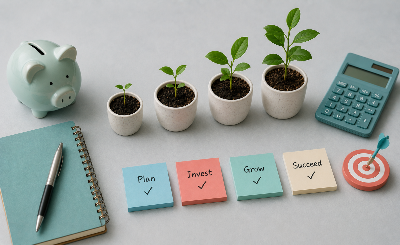 Flat-lay of growth plants and planning tools representing small business SEO strategy