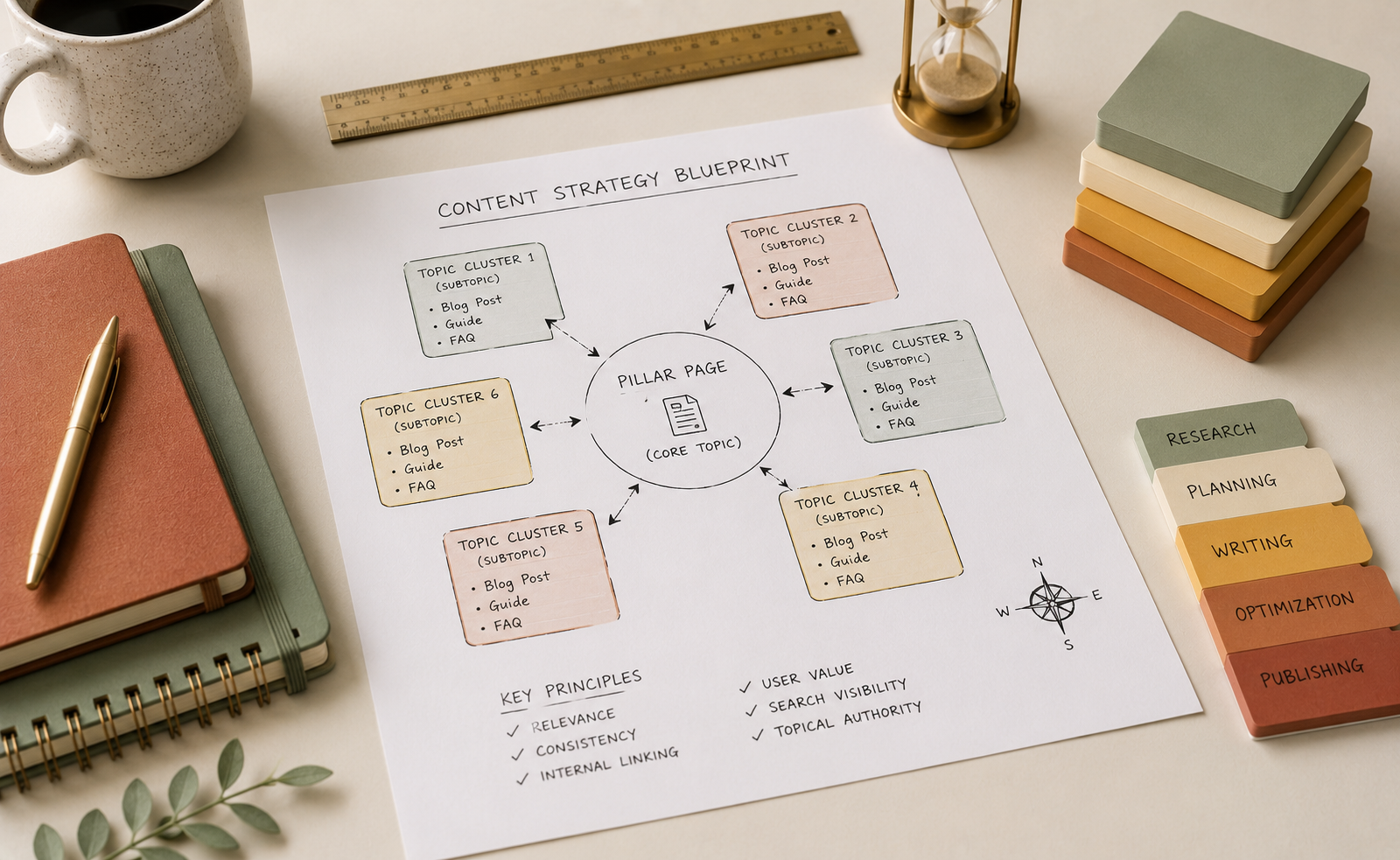Flat-lay of content strategy blueprint representing SEO topical authority planning