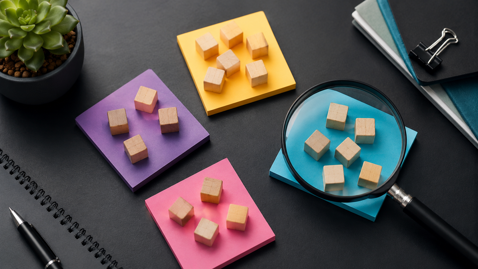 Sticky notes and wooden blocks organized into colored clusters on a desk, representing keyword grouping for SEO
