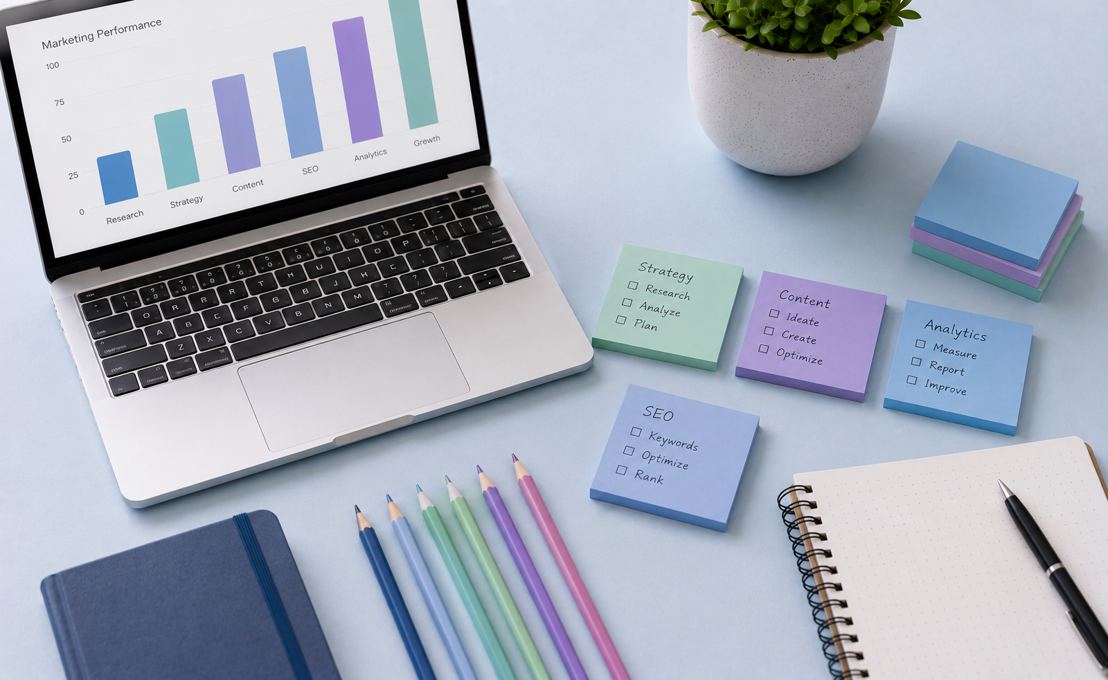 Flat-lay of marketing agency tools representing keyword research software