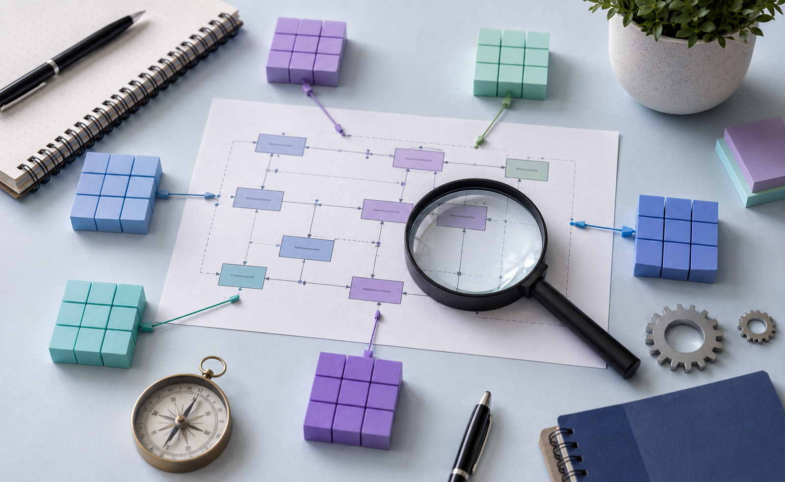 Flat-lay of blueprint diagram and organized blocks representing an SEO framework