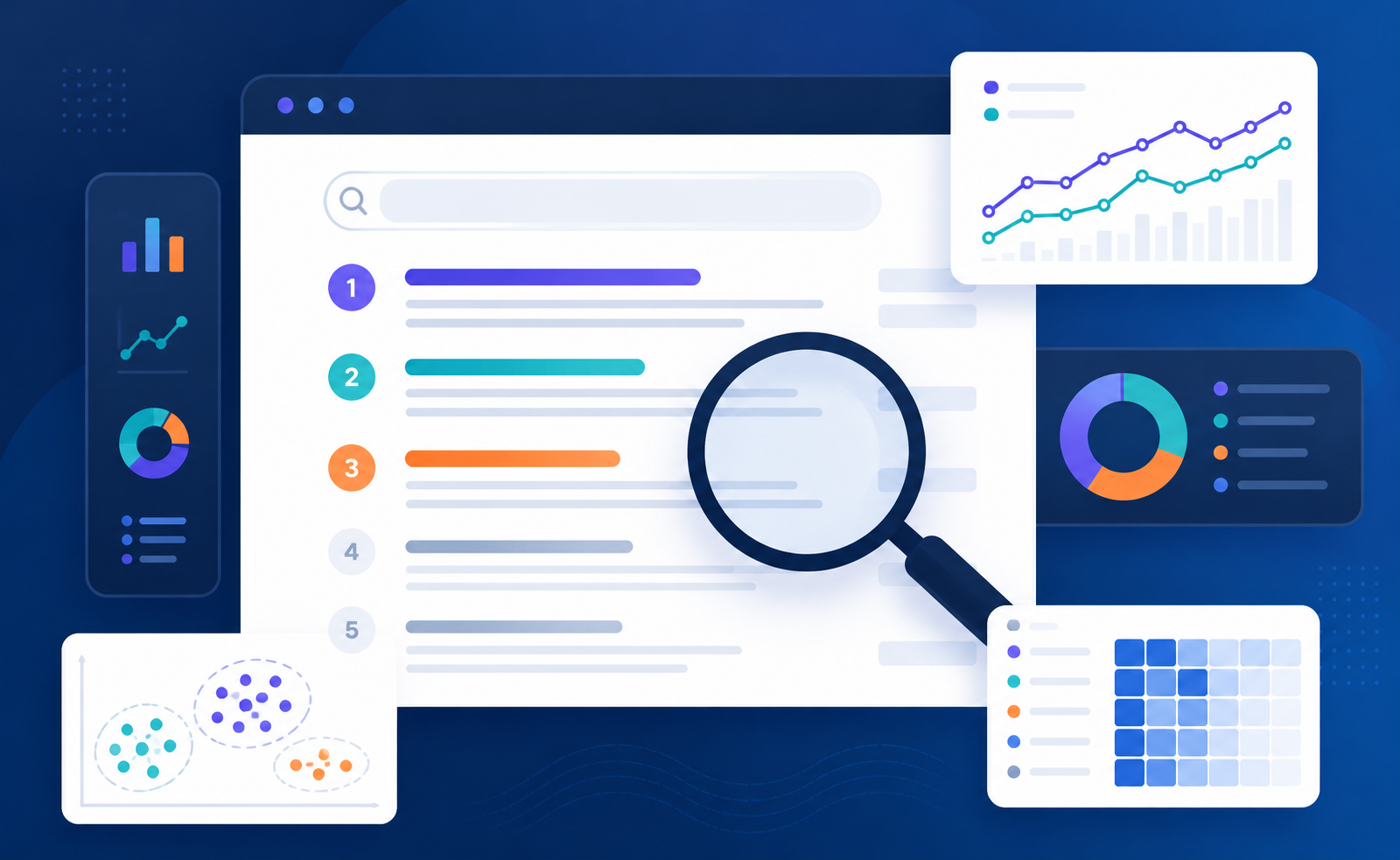 Illustration of SERP analysis tools showing search rankings, competitor tracking, and keyword clustering data