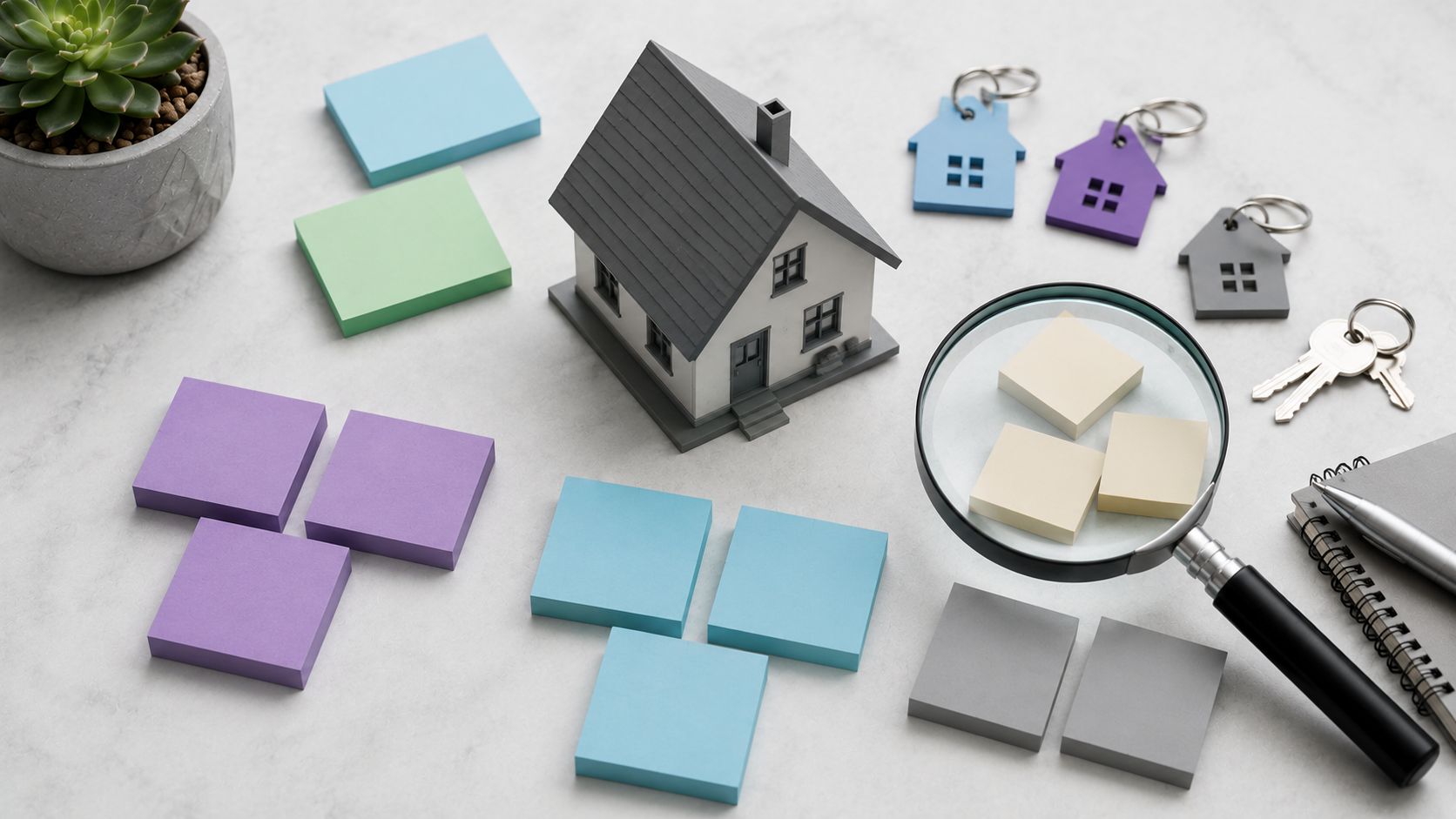 Model house and key tags grouped into colored clusters on a desk, representing real estate keyword clustering for SEO